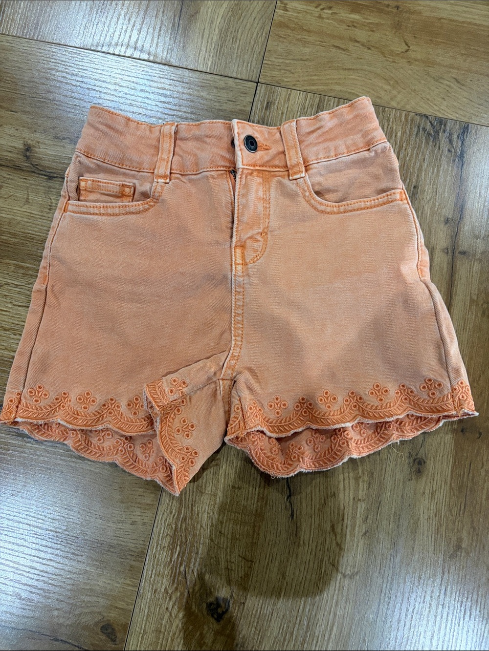 Girls' Orange Scalloped Hem Shorts with Embroidered Trim